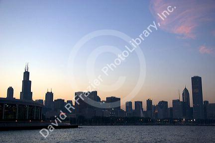Chigaco skyline at sunset, Illinois.