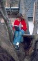Ten-year-old girl reading book in tree house.  MR