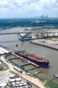 Houston Ship Canal in Texas with tanker at dock.
