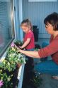 Adult and child planting flowers in a window box.