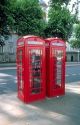 Red telephone booths in London, England.