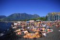 People sunbathing on a black sand beach at Villarica Lake in Pucon, Chile.