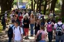 Students walking and using cell phones on the campus of University of Texas in Austin.