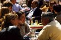 People dine at a sidewalk cafe in Palma de Majorca, Spain.