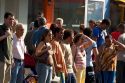 People waiting to cross the street in Rio de Janeiro, Brazil.