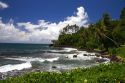 Seascape and tropical vegetation on the island of Tahiti.