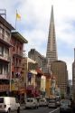 Street scene in Chinatown and a view of the Trans America building in San Francisco, California.