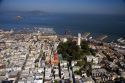 Aerial view of the city and bay of San Francisco, California, Coit Tower and Alcatraz Island.