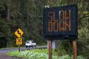 Radar operated digital road sign warning motoists to slow down on U.S. 101 north of Eureka, California.