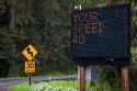 Radar operated digital road sign telling motorists their speed on U.S. 101 north of Eureka, California.