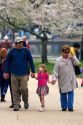A family enjoying the cherry blossoms near Jefferson Memorial and Tidal Basin in Washington, D.C.