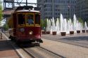Street car and fountains in Memphis, Tennessee.