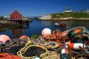 Lobster pots, buoys, and ropes on the dock at Peggy's Cove, Nova Scotia, Canada.