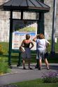 Women tourists look at a map of Quebec City, Quebec, Canada.