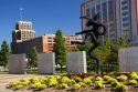 A sculpture and flowers in front of the Scottrade Center in St. Louis, Missouri.