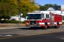 A fire truck in motion responding to an alarm. Boise, Idaho.