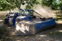 A windrow machine sweeps fallen walnuts into rows at harvest time in Glenn, California.