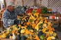 A mexican farm worker with harvested gourds at a farmers market in Fruitland, Idaho.