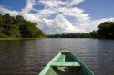 The bow of a dugout canoe on the Arasa River in the Amazon jungle near Manaus, Brazil.