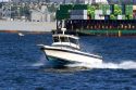 Motorized boat in Elliott Bay at Seattle, Washington.