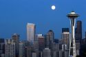 A full moon over the city of Seattle, Washington.