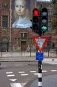 A stop light in front of the Rijksmuseum in Amsterdam, Netherlands.