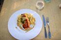 A meal of salmon and pasta at a restaurant in Le Touquet-Paris-Plage in the department of Pas-de-Calais, France.