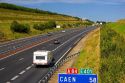 Autos travel on the motorway A84 southwest of Caen in the region of Basse-Normandie, France.