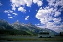 A mobile home traveling in Grand Teton National Park, Wyoming.
