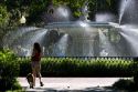 Woman walking her dog near a large water fountain in Forsyth Park in the historic district of Savannah, Georgia.