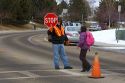 School crossing guard in the winter snow in Boise, Idaho.