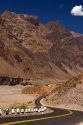 Highway along the Mendoza River in the Andes Mountain Range west of Upsallata, Argentina.