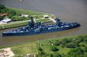 Aerial view of the Museum Battleship USS Texas at the San Jacinto Battleground State Historic Site in Houston, Texas.