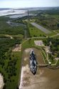 Aerial view of San Jacinto Battleground State Historic Site along the Houston Ship Channel in Houston, Texas.