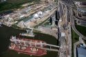 Ships docked near grain elevators along the Houston Ship Channel in Houston, Texas.