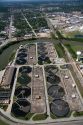 Aerial view of a sewage treatment facility along the Houston Ship Channel in Houston, Texas.