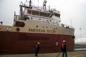 American Victory freighter in the Soo Locks at Sault Ste. Marie, Michigan.