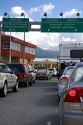 Cars waiting to enter the United States at the Canadian port of entry in Abbotsford, British Columbia.