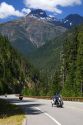 Motorcycles travel on Washington State Highway 20 in the North Cascade Range, Washington.
