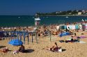 Beach scene in the bay at Saint-Jean-de-Luz, Pyrenees Atlantiques, French Basque Country, Southwest France.