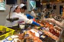 Seafood counter inside the Eroski supermarket in the town of Castro Urdiales, Cantabria, northern Spain.