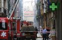 Firetrucks on the scene of an apartment fire in the city of Bilbao, Biscay, northern Spain.