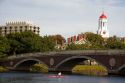 Rowing on the Charles River and Harvard University buildings in Cambridge, Greater Boston, Massachusetts, USA.