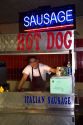 Hot dog vendor at the MBTA station in Cambridge, Greater Boston, Massachusetts, USA.