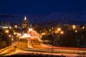 Traffic in motion at night in Boise, Idaho, USA.