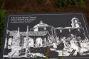 Sign depicting the Great Stone Church before earthquake damage at Mission San Juan Capistrano, California, USA.