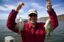 Proud fisherman holding up a pair of white crappie caught in C.J. Strike Reservoir on the Snake River in Owyhee County, Idaho, USA. MR