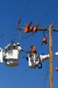 Lineworkers doing electric powerline construction in Camas County, Idaho, USA.