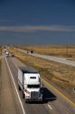 Commercial transport truck traveling on Interstate 84 near Boise, Idaho, USA.