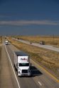 Commercial transport truck traveling on Interstate 84 near Boise, Idaho, USA.